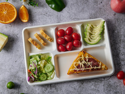 100% Compostable 5 Compartment Plates,50Pack Disposable Paper Plates,Heavy-Duty Biodegradable Sugarcane Plates,Eco-Friendly School Lunch Trays