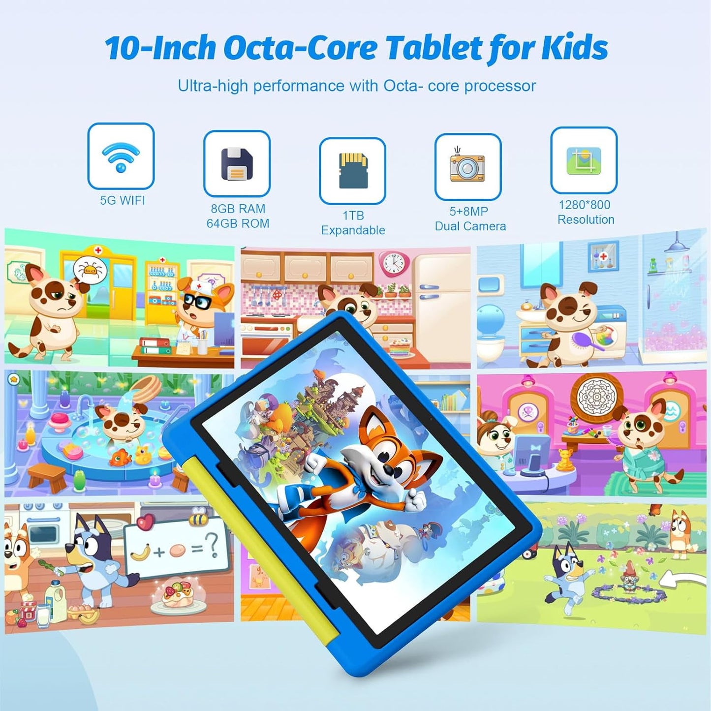 AEEZO Kids Tablet 10 inch Android 14 Tablet for Kids Education, Octa-Core, 8+64GB (TF 1TB), Parental Control, Pre-Installed Kidoz, Dual Camera, 5G WIFI, BT5.3 with Shockproof Case - Blue