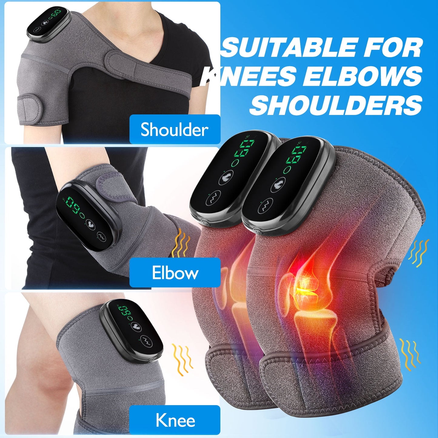 Cordless Knee Massager Shoulder Brace with Heat, 3-In-1 Heated Knee Elbow Shoulder Brace Wrap, Vibration Knee Heating Pad, 3 Vibrations and Heating Modes,Heating Pad for Knee Elbow Shoulder Relax,2Pcs