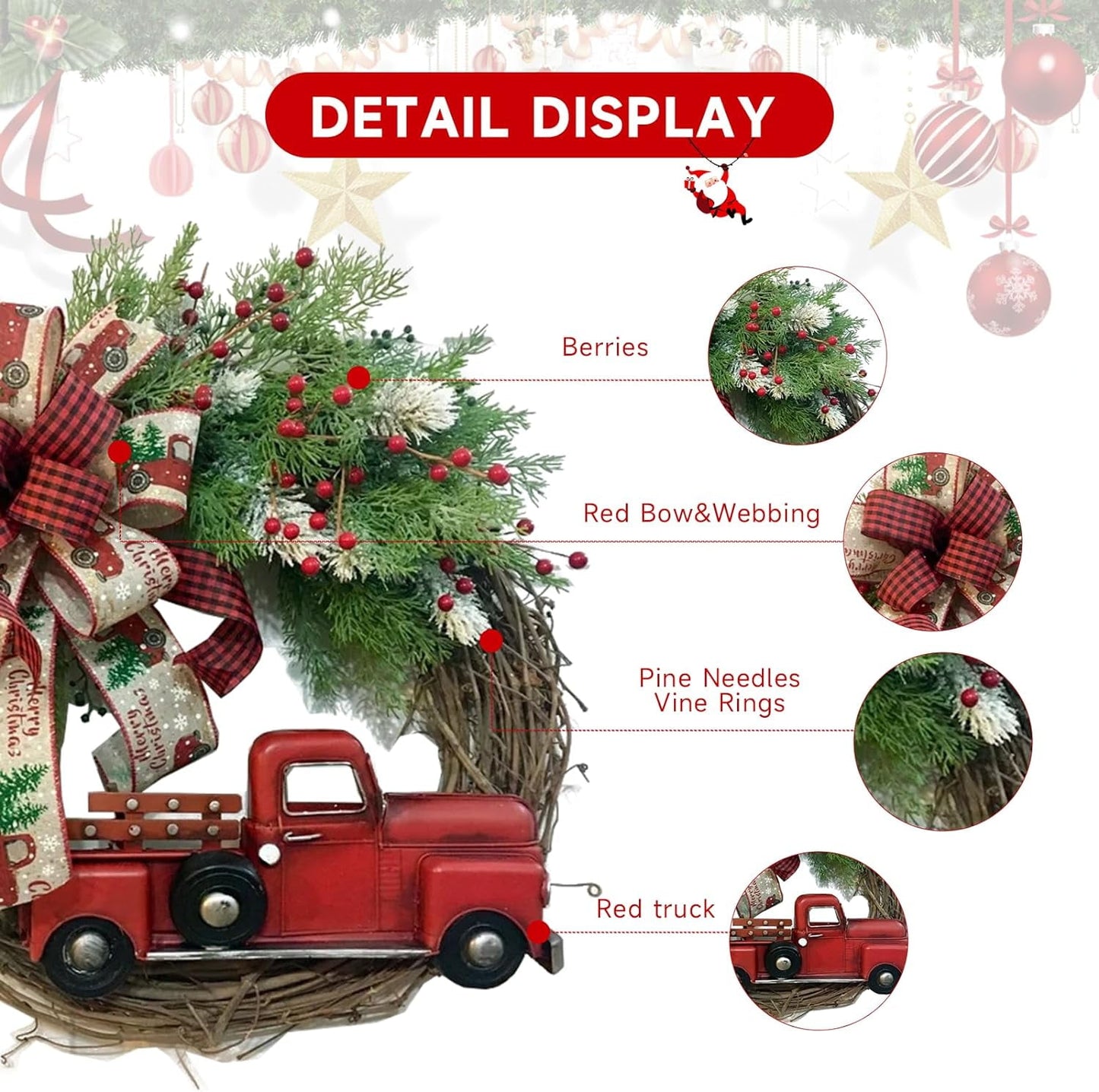 XTeduToys Christmas artificial Wreath Red Truck Decoration, Large Door Front Wreath, Door Hanging, Christmas Decorations, Home Decoration Wreath, Christmas Decor Supplies