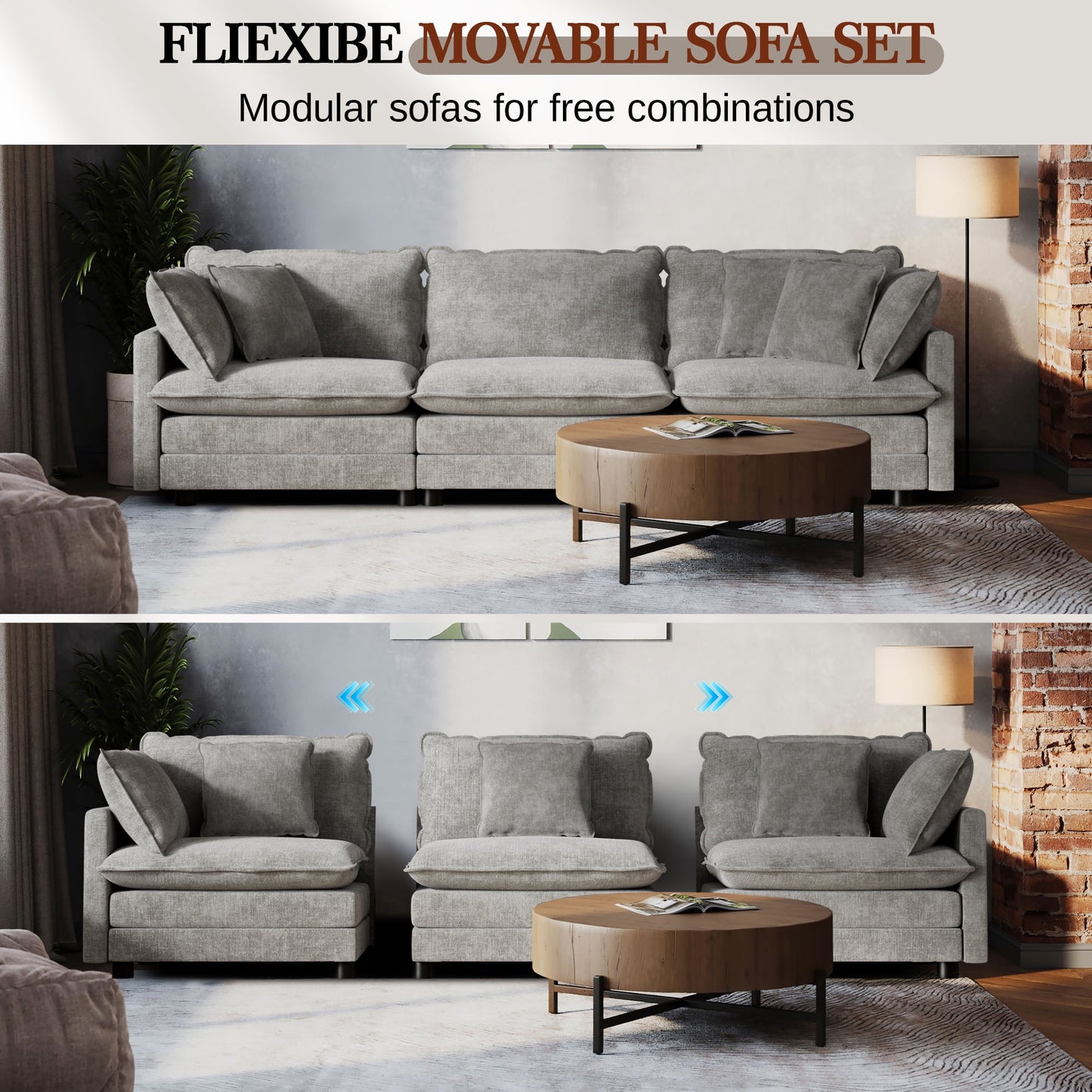 CoolHut Sectional Sofa Couch, 3 Seats Sofa with 5 Pillows, Modern Oversized Sofa Set for Living Room, Gray