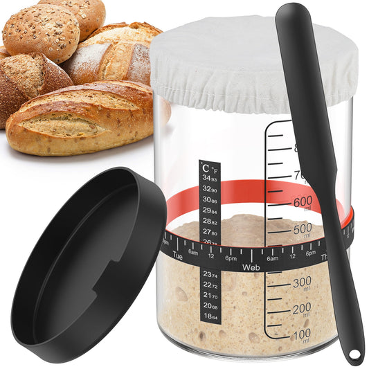 5Pcs Sourdough Starter Jar Kit 1000ml Large Capacity Sourdough Starter Container with Aluminium Lid Spatula Feeding Band Reusable Wide Mouth Glass Sourdough Fermentation Jar for Baking