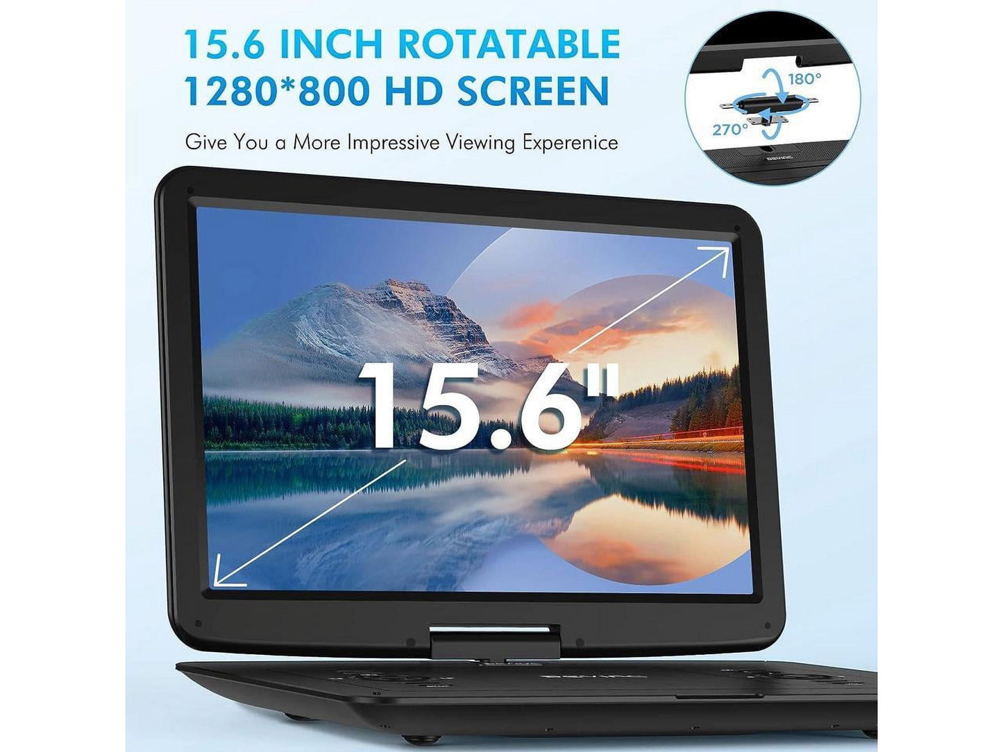 DEVINC 17.9" Portable DVD Player with 15.6" HD Swivel Screen, Support Multiple DVD CD Formats/USB/SD Card/Sync TV, 6 Hours Rechargeable Battery, Car Charger, Remote Control, Region Free