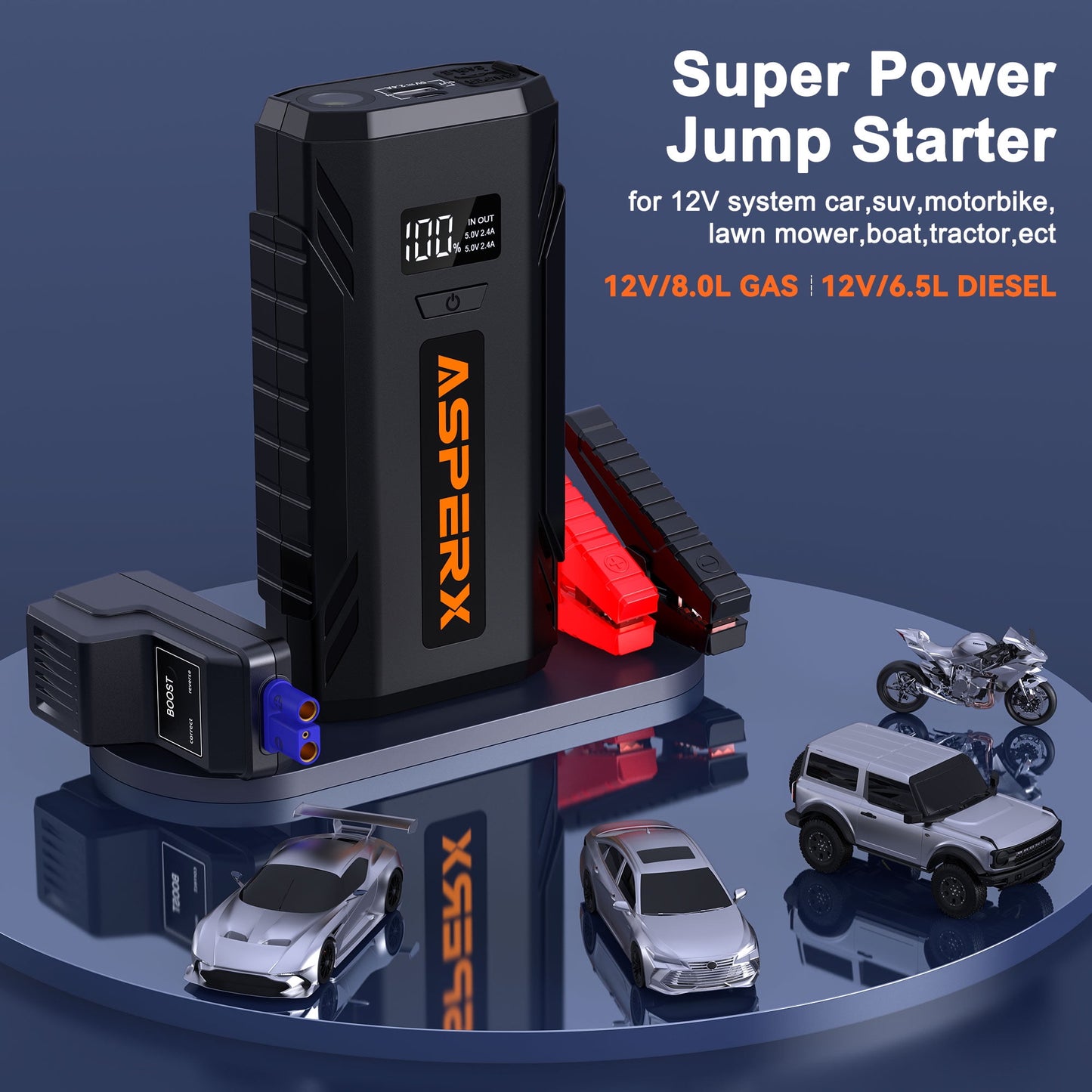 ASPERX Car Jump Starter,2000A Peak Portable Jump Box for Car up to 8.0L Gas or 6.5L Diesel Engine, 12V Battery Power Booster with LED Light