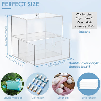 Dryer Sheet Holder with Drawer and Lid Acrylic Dryer Sheet Container 2-Tier Laundry Pod Container with 4 Label Decals Clear Dryer Sheet Laundry Pods Container Box for Dryer Balls Clothes Pins