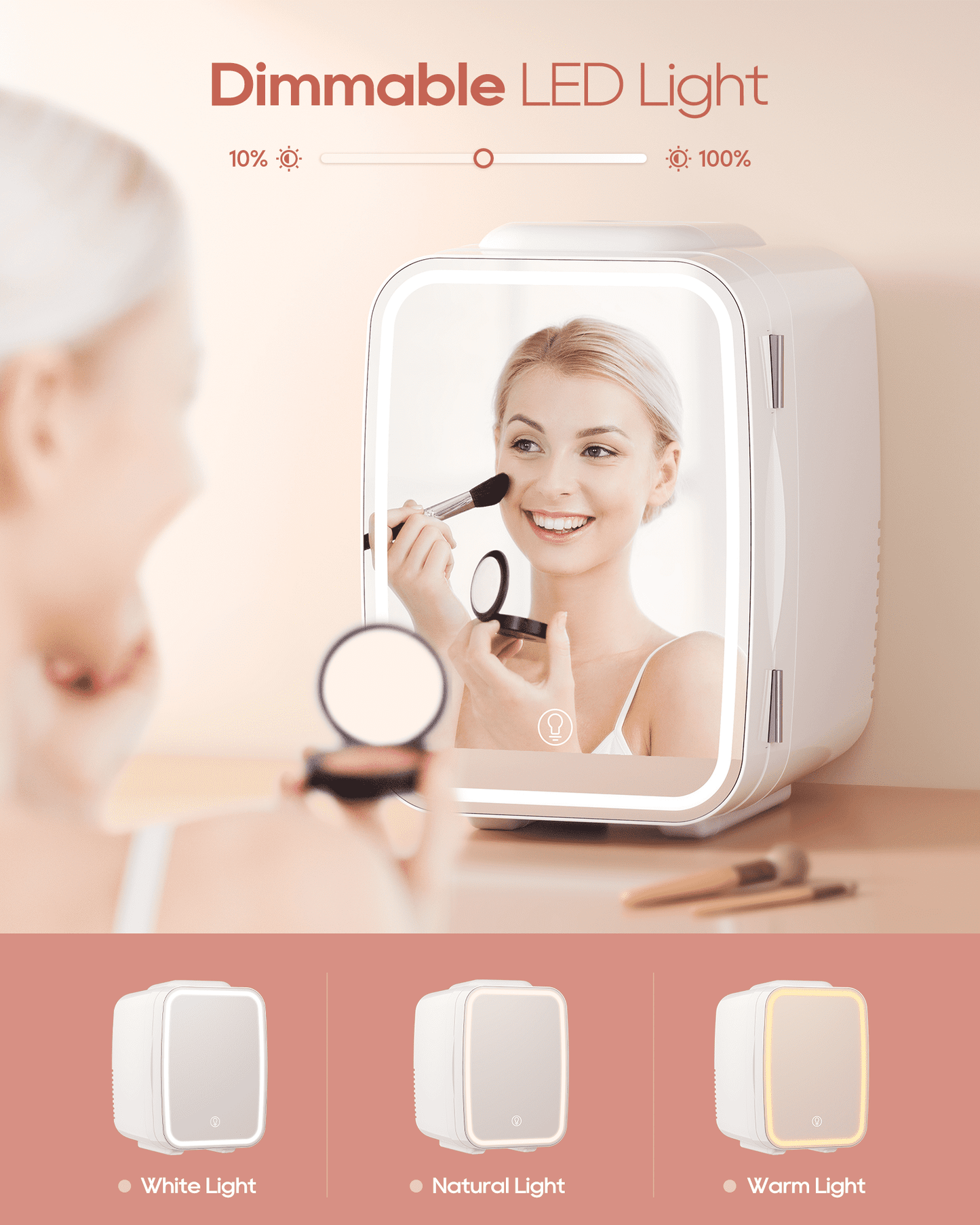 ACMETOP Skincare Fridge with Dimmable LED Light Mirror,4L/6 Can Mini Fridge for Skincare and Makeup,Cooler & Warmer, Portable Small Fridge for for Bedroom, Office, Dorm and Car, White