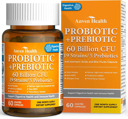 60 Billion Probiotics for Women and Men 19 Strains 5 Organic Prebiotics for Gut Digestive & Immune, Vegan Probiotic Supplement Formula丨60 Capsules