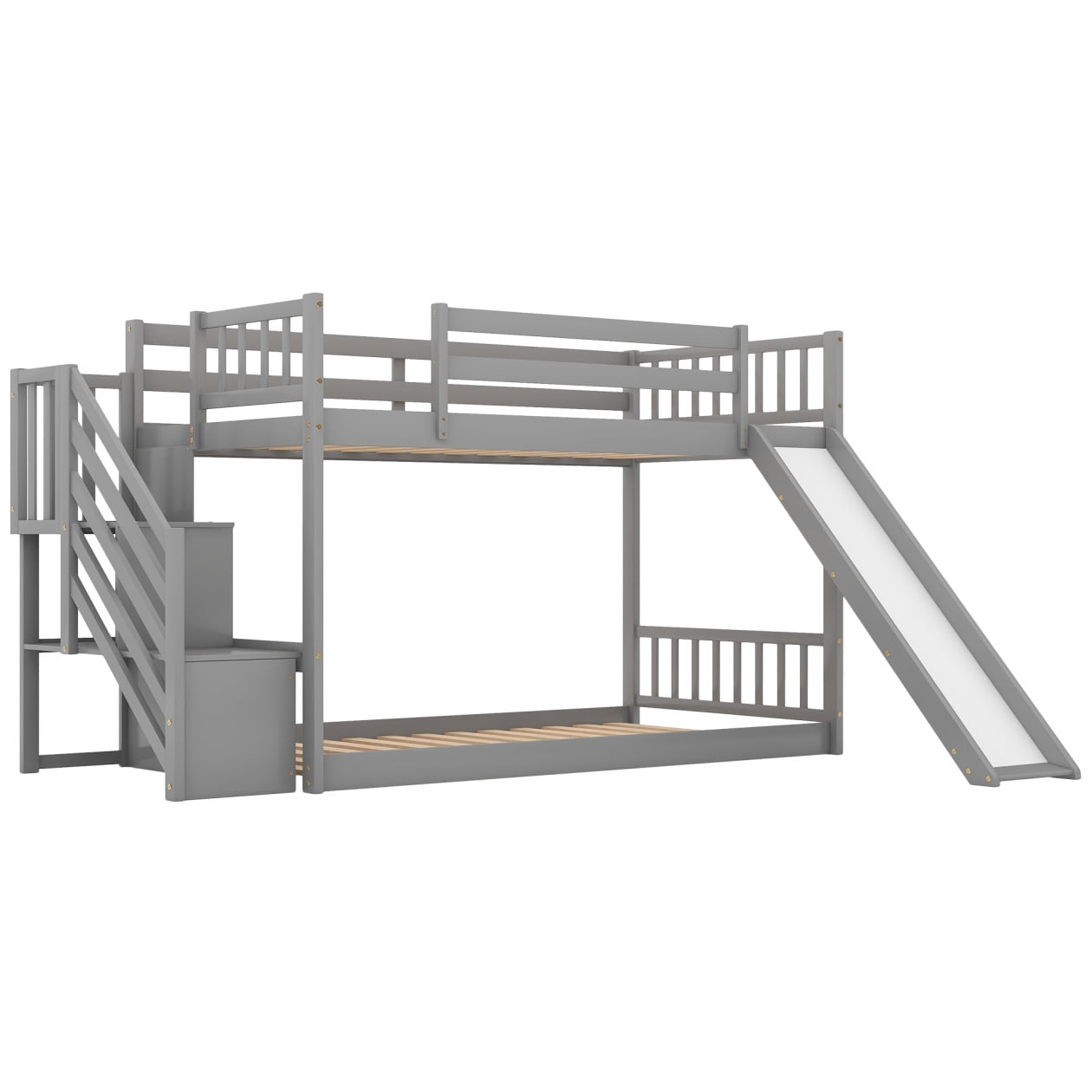 Bunk Bed Twin over Twin, Toddler Bunk Beds with Convertible Slide and Stairs, Floor Bunk Beds for Kids, 200LBS Weight Capacity, Gray