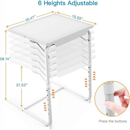 CHITOOMA Adjustable TV Tray Table with Cup Holders, Portable Dinner Tray Table, Foldable, 6 Heights&3 Tilt Angle for Living Room Office Bedroom, White