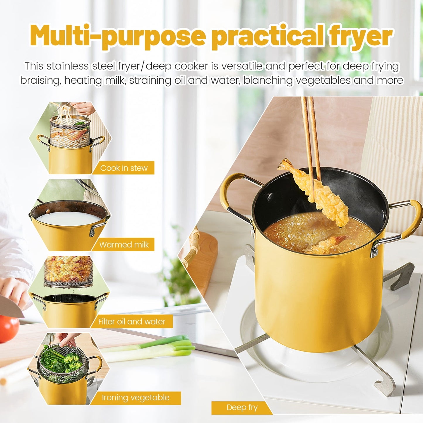 Deep Fryer Pot 304 Stainless Steel Frying Pan with Strainer Basket and Handle,Japanese Tempura Fryer Deep Fryers Frying Pot for Frying Fish Shrimp Chicken and Fries