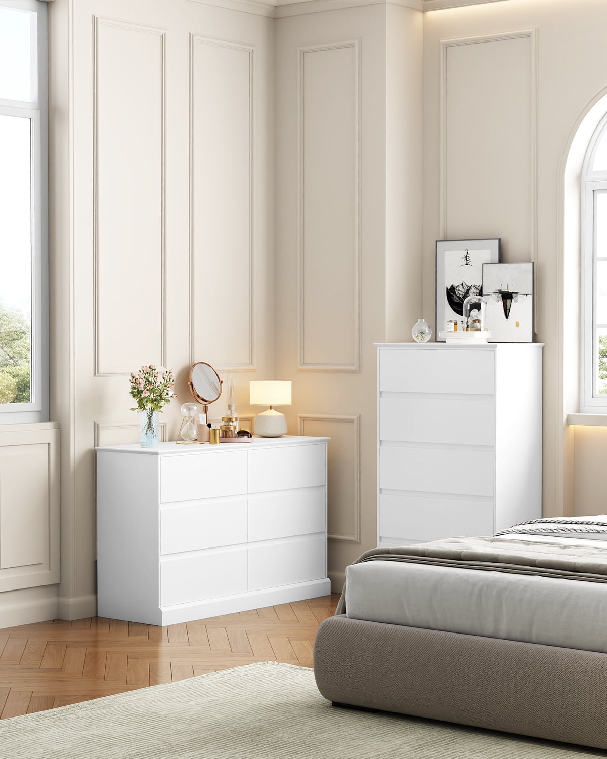 6 White Drawer Dresser Modern Tall Floor Storage Cabinet with Metal Sliding Rail, Wooden Handleless Drawer Cabinet