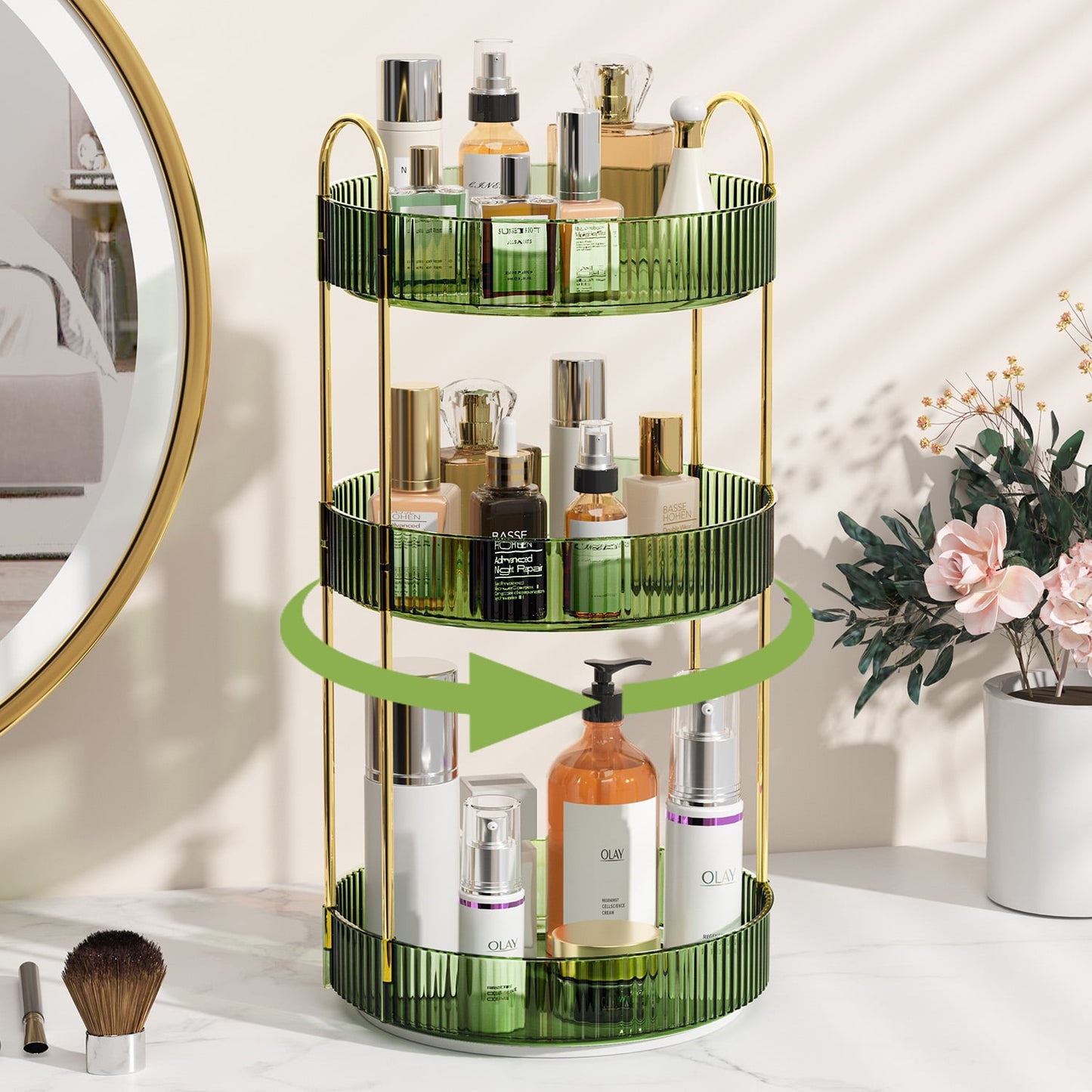 360° Rotating Makeup Organizer, Bathroom Makeup Holder, 3 Tiers Large Capacity Storage Shelf, Green