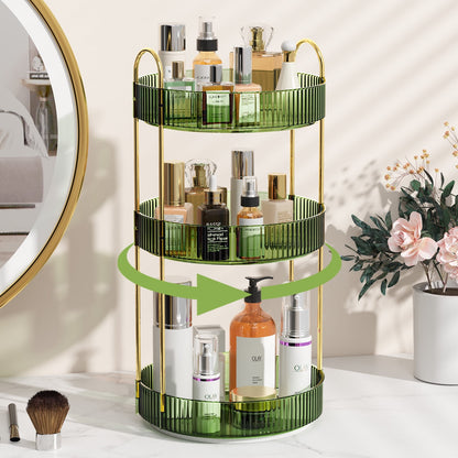 360° Rotating Makeup Organizer, Bathroom Makeup Holder, 3 Tiers Large Capacity Storage Shelf, Green