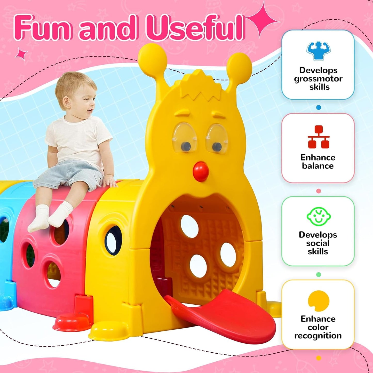 DEYGIA Caterpillar Tunnel for Kids, Crawl Tunnel for Kids to Climbing, Crawl, Riding, Indoor Outdoor Playground Equipment for 3-6 Years Old, Kids Tunnel Crawl for Garden, Game Room