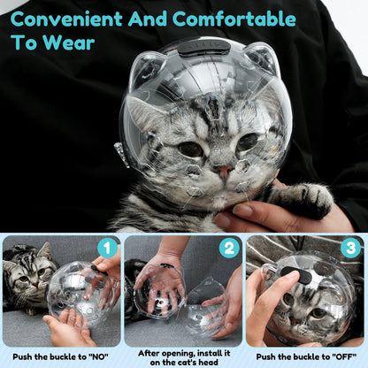 Cat Muzzle for Grooming Breathable Cat Muzzle Helmet Transparent Cat Space Hood Ears Shape Design Cat Bubble Muzzle Cat Anti Bite Helmet with 4 Silicone Paw Shoes for Bath Nail Trimming