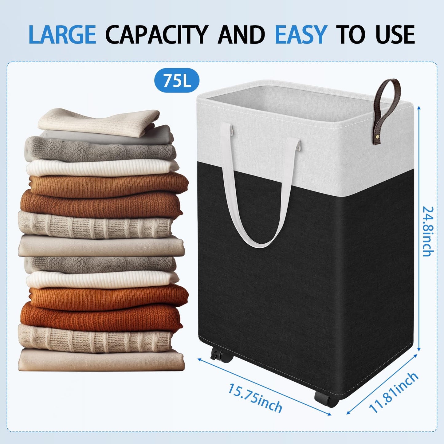 BEFUNZL 25 Inches Rolling Laundry Basket Laundry Hamper, Collapsible Basket with Wheels, Dirty Clothes Hamper, Narrow Corner Clothes Bins with Handles for Bathroom, Bedroom & Dorm