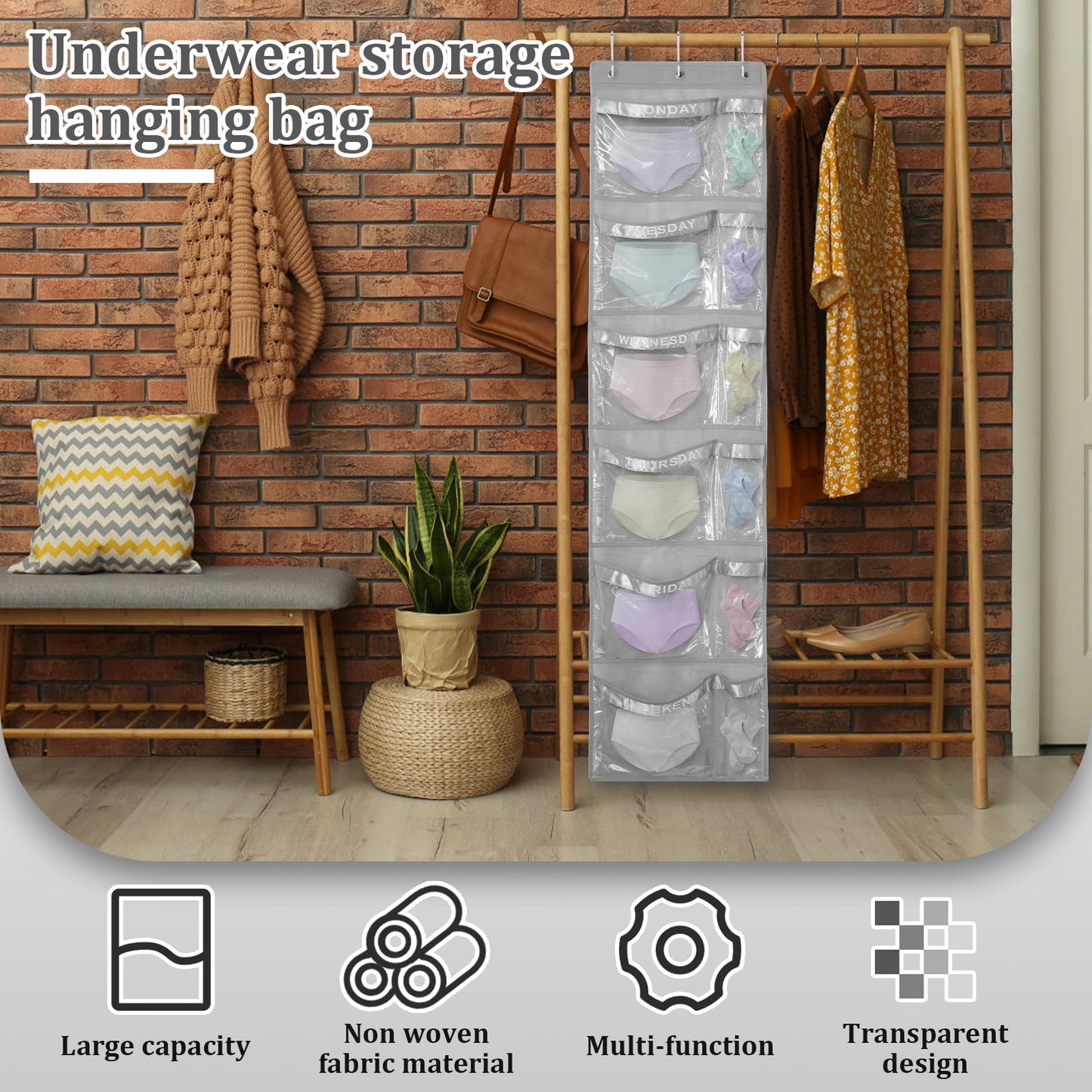 Day of Week Kids Clothes Organizer Monday to Weekend School Clothes Organizer 6 Grid Day of Week School Clothing Storage for Kids Weekly Hanging Closet Organizer（Grey）