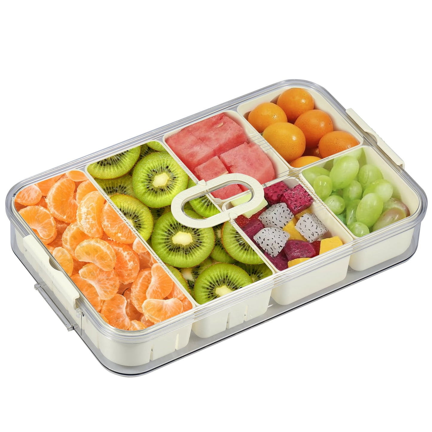 Austok Divided Serving Tray with Sealing Lid Timer 6 Compartment Snackle Box Container Snack Plattersompartment Box with Draining Baskets Clear Organizer for Candy Fruits Nuts Snacks