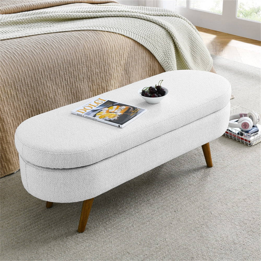 43.5" Oval Storage Ottoman Bench with Solid Wood Legs, Linen Fabric Upholstered Entryway Bench with Safety Hinge, Indoor Bench for End of Bed, Sofa Side, Entryway