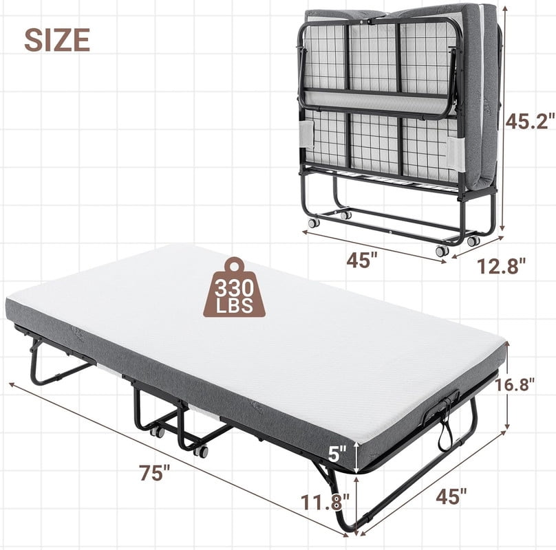 ZIVACATE Foldable Bed with Mattress for Adults,75"×45" Full Size Portable Rollaway Bed