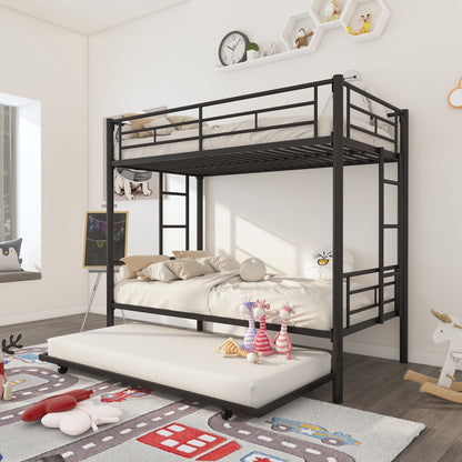 Bunk Bed Twin Over Twin with Trundle, Triple Bunk Beds with Full Length Rail and Two Side Ladders, Heavy Duty Metal Bed for Girls, Boys, Teens and Adults, Black