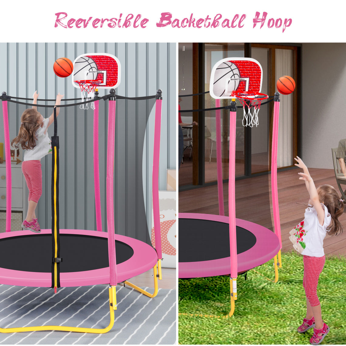 5.5FT Jump Recreational Trampolines for Kids,65" Mini Toddler Trampoline Weight Capacity 220 lbs with Safe Enclosure Net, Basketball Hoop and Ball for Indoor & Outdoor (Pink)