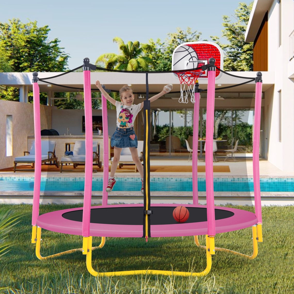 5.5FT Jump Recreational Trampolines for Kids,65" Mini Toddler Trampoline Weight Capacity 220 lbs with Safe Enclosure Net, Basketball Hoop and Ball for Indoor & Outdoor (Pink)