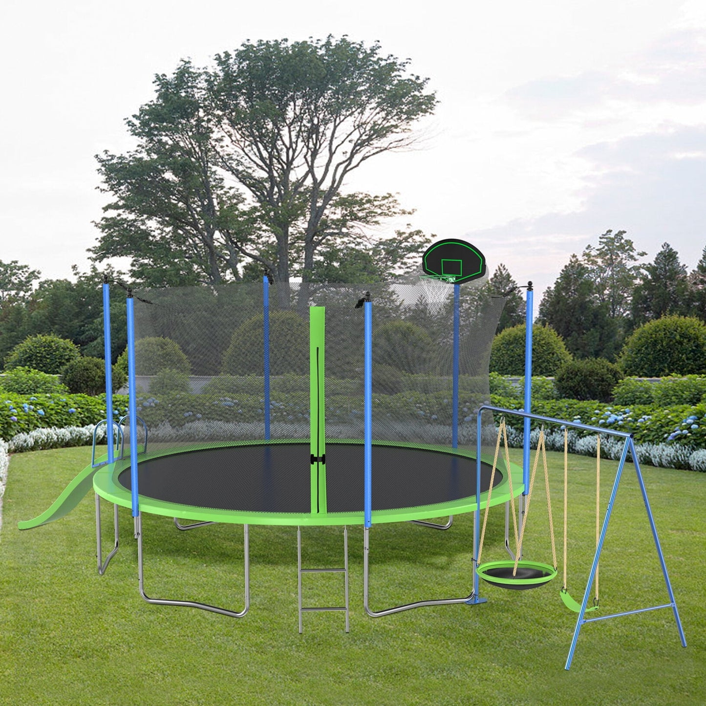 12FT Trampoline with Slide and Swings for Kids and Adults, Outdoor Recreational Trampoline with Basketball Hoop, Safety Enclosure and Ladder, Green