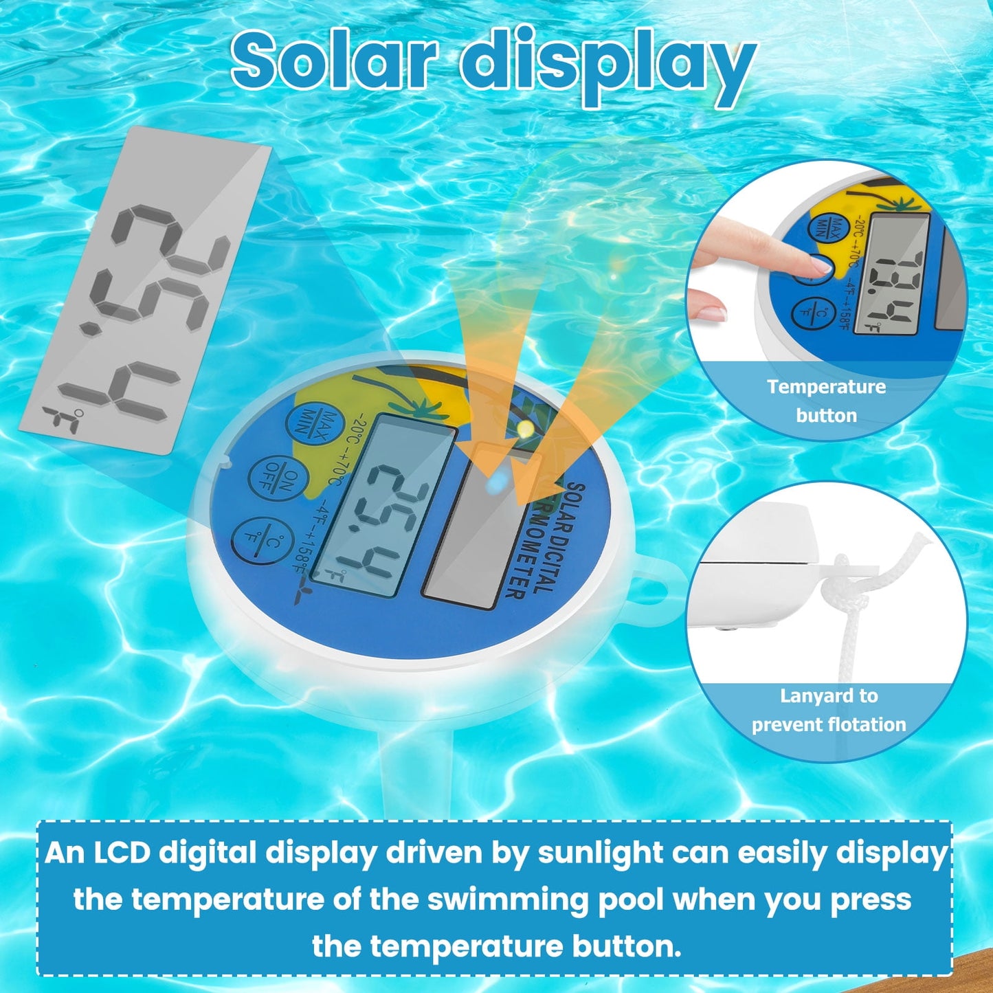 2 Pcs Solar Pool Thermometer Floating Digital Pool Thermometer with Tether Easy Read Swimming Pool Thermometer Solar Powered Pool Temperature Gauge for Spa Hot Tubs Ice Baths Fish Ponds