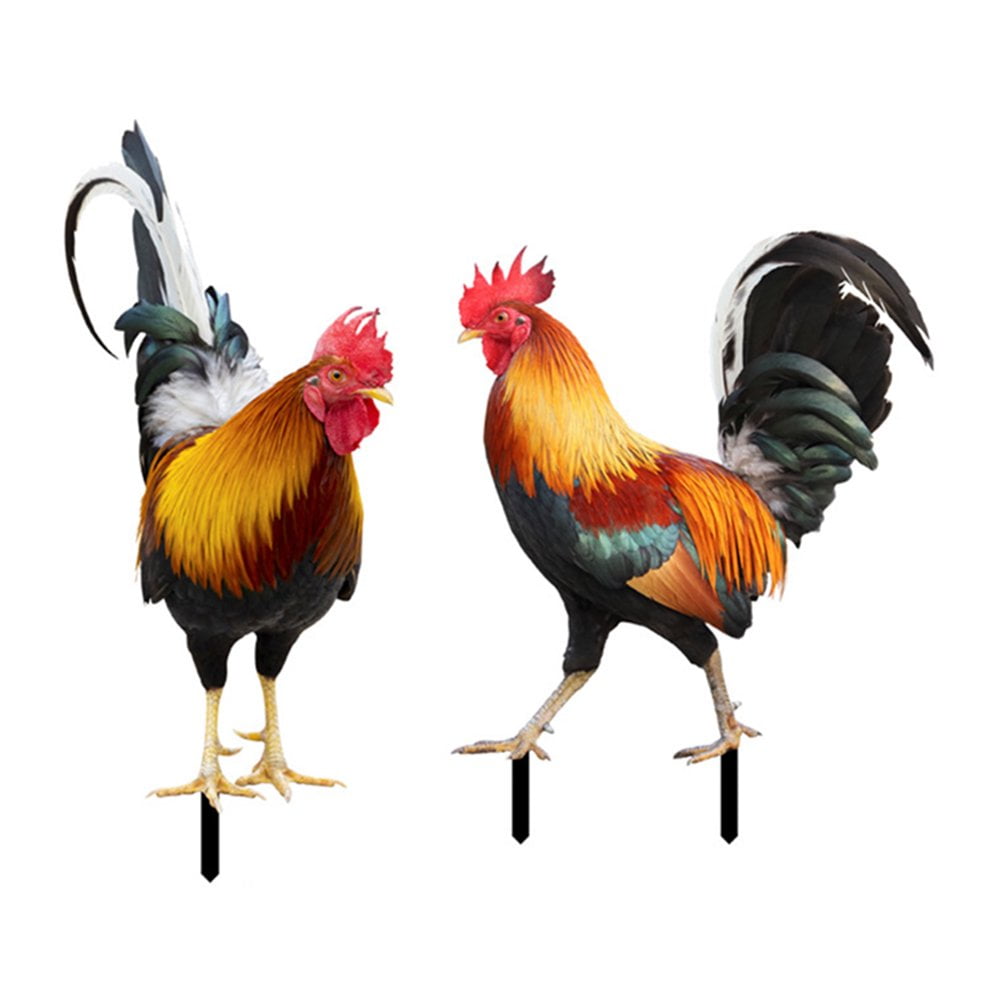 2Pcs Acrylic Rooster Garden Statues & Sculptures, Garden Courtyard Decor, Chicken Yard Art Decor Standing Animal Lawn Ornament for Backyard Patio Outdoor Decor (Not 3D)