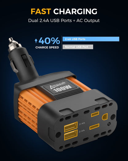 Ampeak 100W Power Inverter, Safely and Portable Car Inverter, 4.8A Dual USB Ports DC 12V to AC 110 Car Plug Adapter,ETL certified, Orange