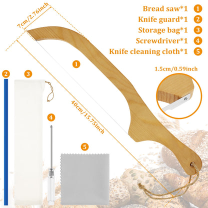 Wooden Bread Knife Bread Bow Cutter 15.7 Inch Bread Saw with Wooden Handle Stainless Steel Sourdough Bread Slicer with 2 Saw Blades Screwdriver Cutter Wipe Cloth Bread Cutter Slicer