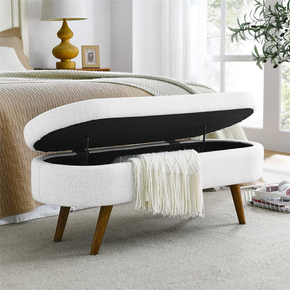 43.5" Oval Storage Ottoman Bench with Solid Wood Legs, Linen Fabric Upholstered Entryway Bench with Safety Hinge, Indoor Bench for End of Bed, Sofa Side, Entryway