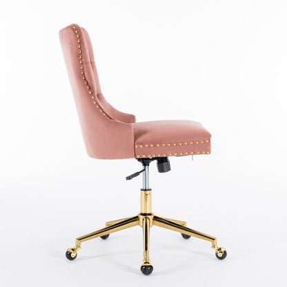 Armless Office Desk Chair, Modern Velvet Swivel Computer Chair with Wheels, Button Tufted Thick Upholstered Vanity Chair with Height Adjustable Seat for Home Office, Pink