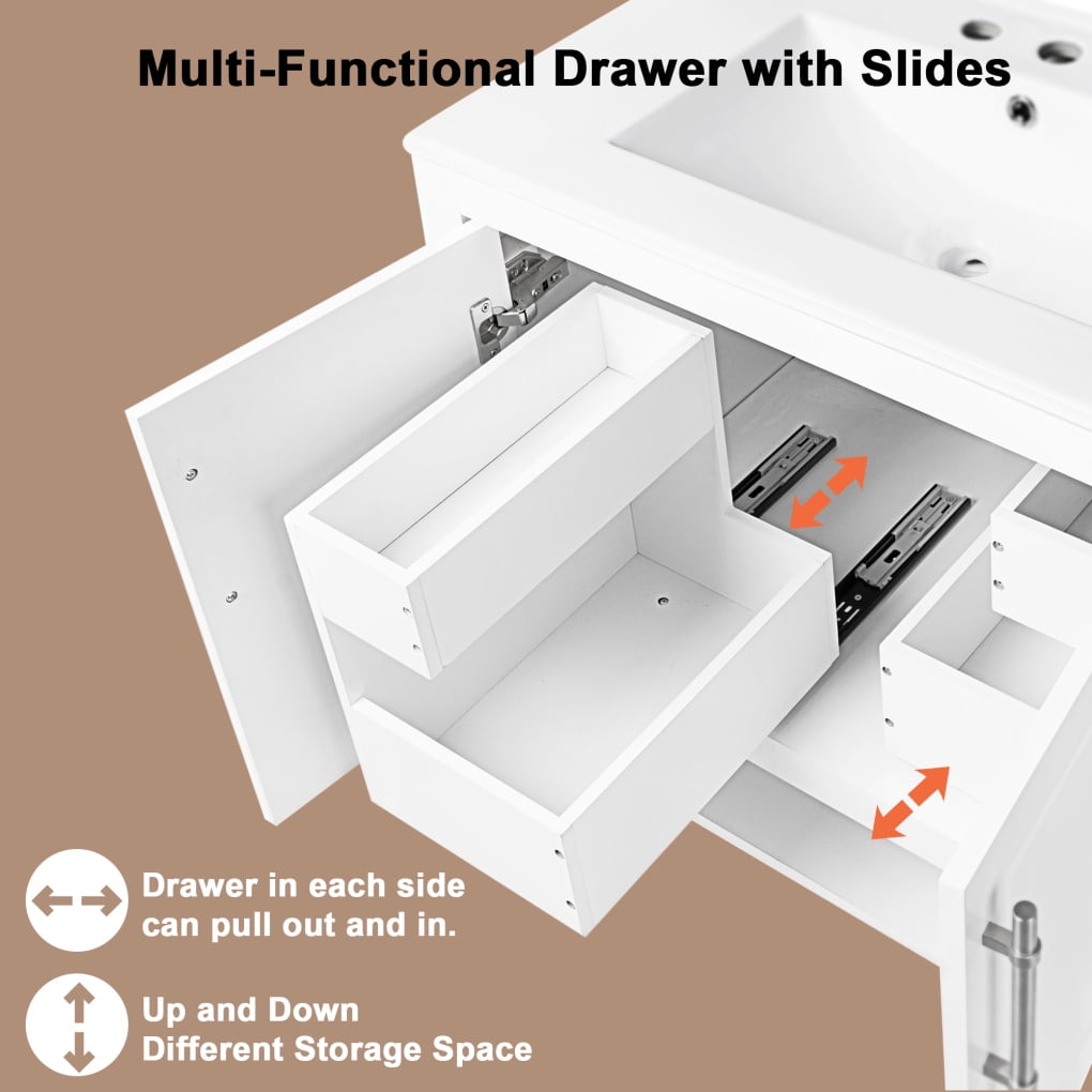 30" Modern Bathroom Vanity with Sink Top,Multi-Functional Wood Bathroom Storage Cabinet with Doors and Drawers,Wood Frame and MDF Board, Large Storage Space,White