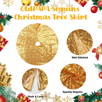 30 Inch Christmas Tree Skirt Sequin Sparkle Xmas Tree Skirt Round Tree Cover Glitter Home Decor Outdoor Tree Mat for Merry Christmas Party Holiday, Gold