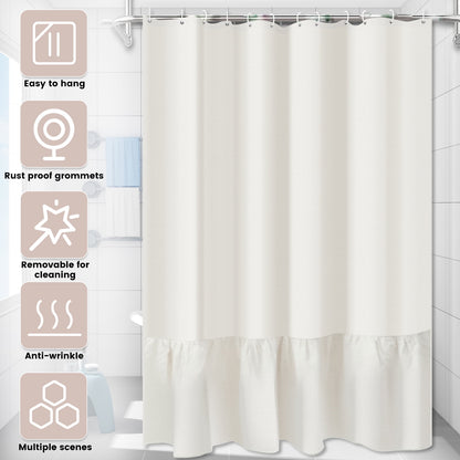 Dznils Beige Farmhouse Fabric Shower Curtain, Ruffle Bathroom Curtain with 12 Hooks, 72" x 72"