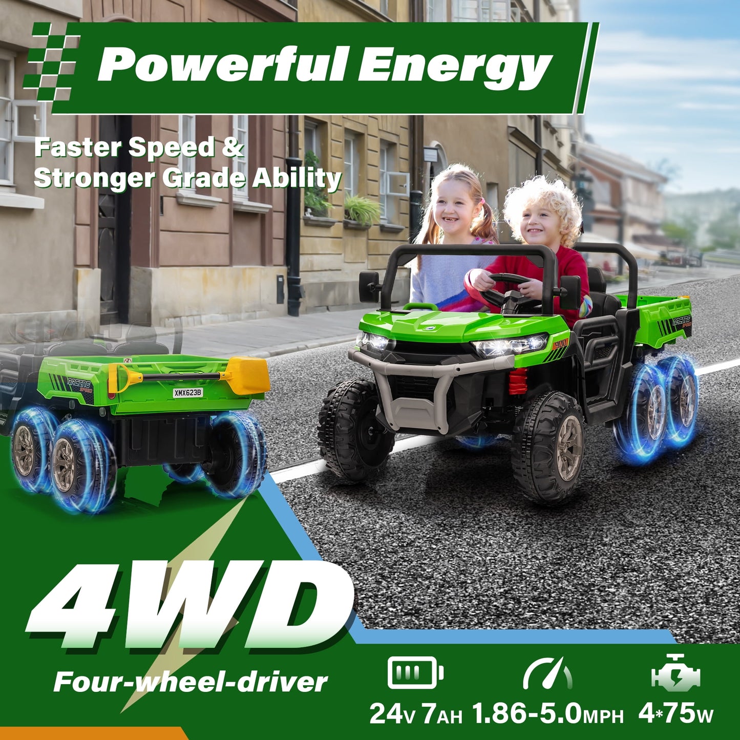 24V Ride on Toys UTV with Remote Control, 4WD 2 Seater Electric Cars for kids,Kids Ride on Dump truck w/ Tipping Bucket Trailer, Shovel, Spring Suspension, Bluetooth Music, Green