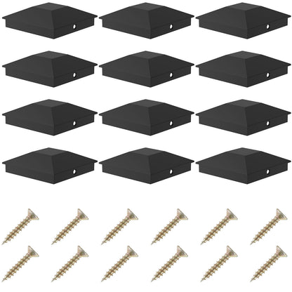 12Pcs Post Caps Sturdy Plastic Post Covers Black Fence Post Caps Waterproof Deck Post Caps Heat Resistance Deck Post Caps with Screws for Deck Fence Wooden Fence Wooden Handrail Porch Fence