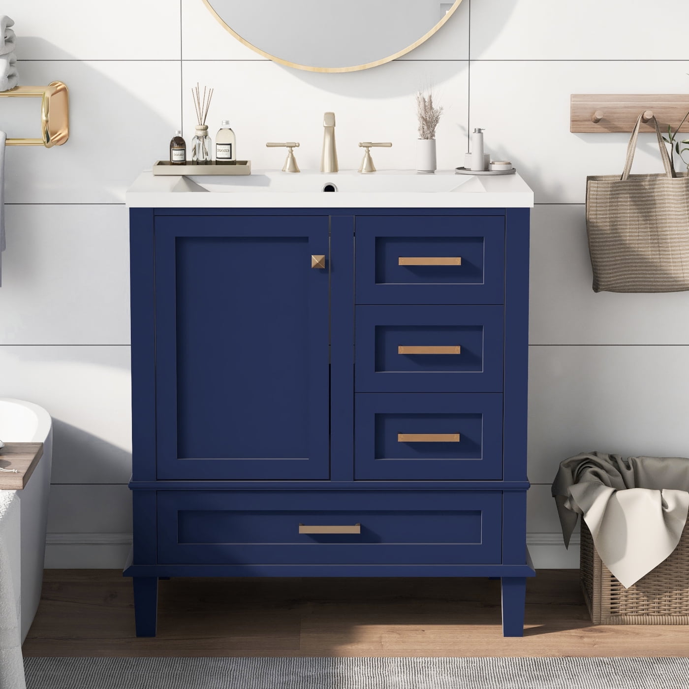 30 Inches Bathroom Vanity with Sink Combo Set and Soft-Close Doors, Modern Bathroom Storage Cabinet with Single Cabinet and 3 Sliding Drawers, Blue