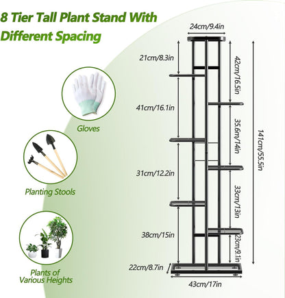 BueDeHai 8 Tier 9 Potted Metal Plant Stand Indoor, Black Plant Shelf Outdoor Flower Pot Holder Display Rack for Patio