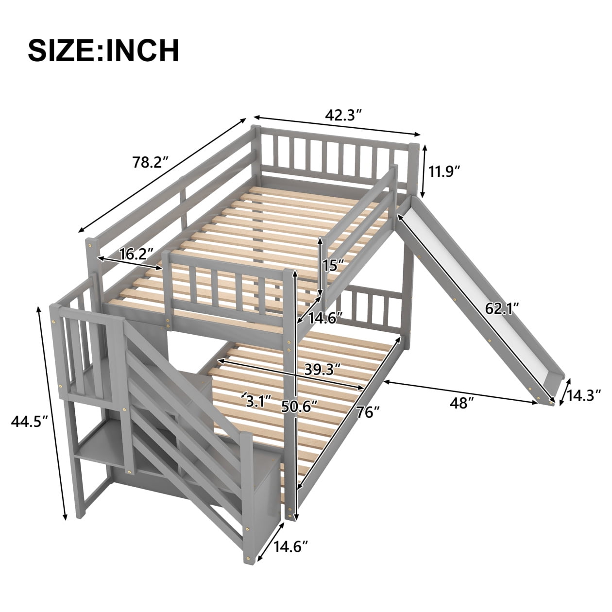 Bunk Bed Twin over Twin, Toddler Bunk Beds with Convertible Slide and Stairs, Floor Bunk Beds for Kids, 200LBS Weight Capacity, Gray