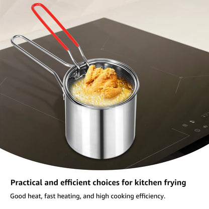 Deep Fryer with Strainer Basket and Handle Stainless Steel Fry Pot Durable Food Grade Outdoor Fryer with Lid Portable Food Cooking Pot for Frying Fish Shrimp Chicken and Fries