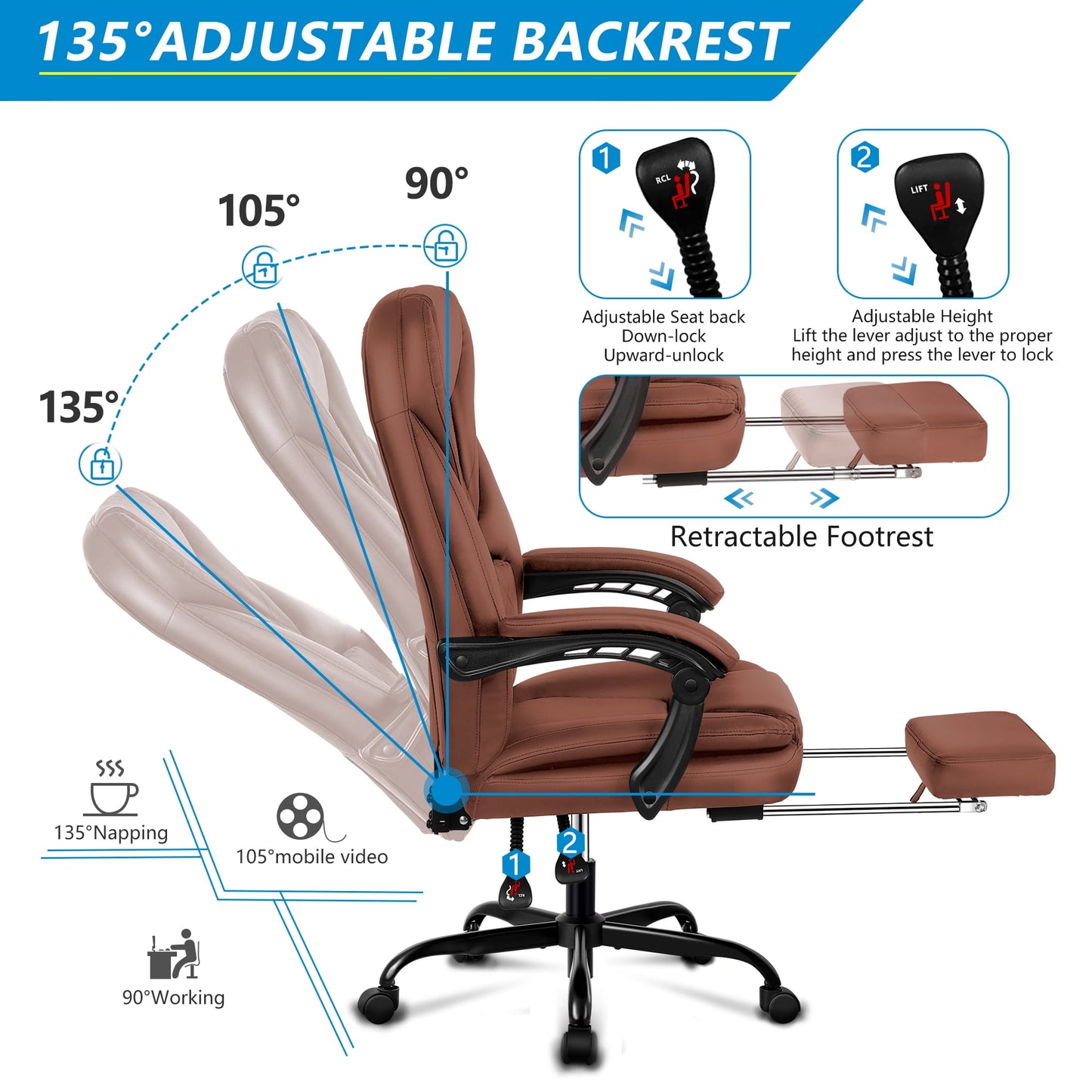 Coolhut Executive Office Chair, Big and Tall Office Chair with Foot Rest Reclining Leather Chair High Back Lumbar Support Ergonomic Office Chair with Padded Armrests