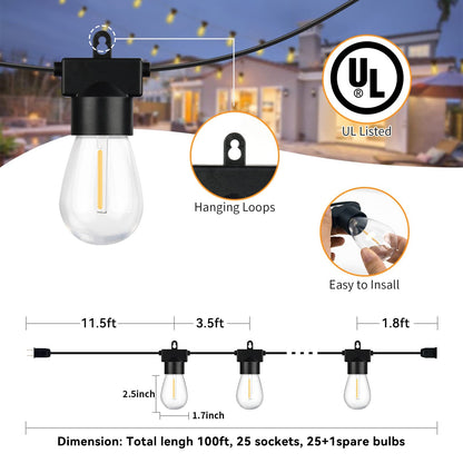 100ft LED Outdoor String Lights, E12 S14 Waterproof Shatterproof Patio Bulbs, Dimmable Hanging Light Strings for Yard