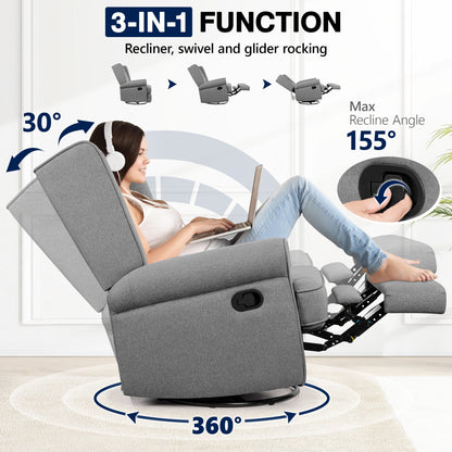 CoolHut 360-Degree Swivel Glider Recliner Chair, Rocking Chair with Ergonomic Design, Armrests, and Decorative Button Accents. Modern, Classic Single Sofa, Perfect for Reading, Gray