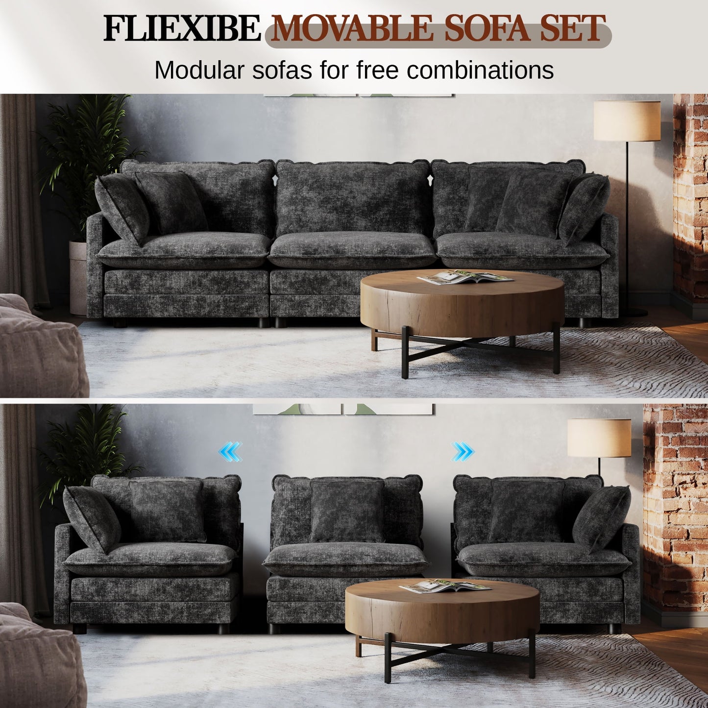 CoolHut Sectional Sofa Couch, 3 Seats Sofa with 5 Pillows, Modern Oversized Sofa Set for Living Room, Dark Gray