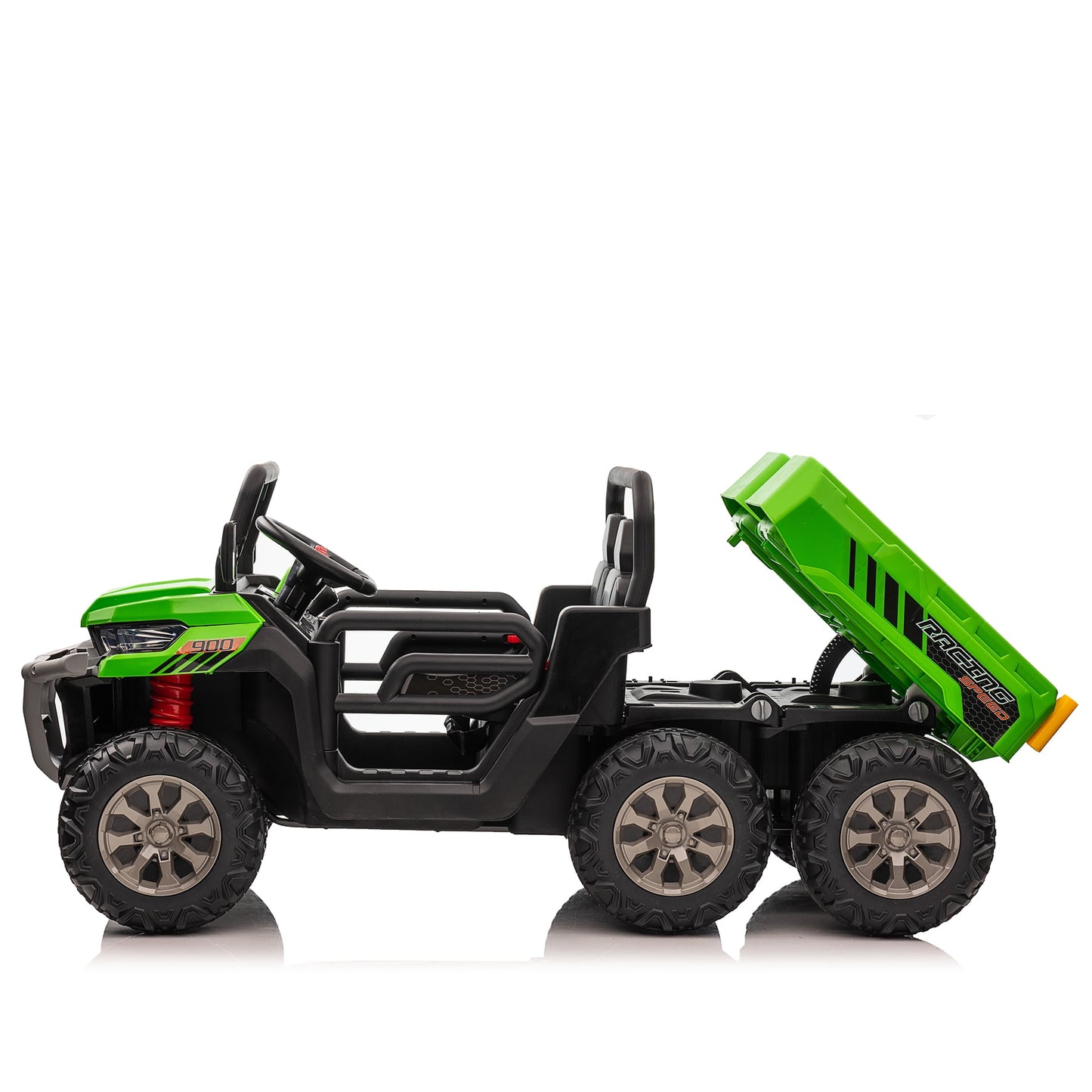 24V Ride on Toys UTV with Remote Control, 4WD 2 Seater Electric Cars for kids,Kids Ride on Dump truck w/ Tipping Bucket Trailer, Shovel, Spring Suspension, Bluetooth Music, Green