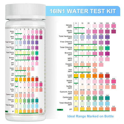 All-New 16 in 1 Drinking Water Testing Kit 125 Strips - Home Tap and Well Water Test Kit for Hardness, Lead, Iron, Copper, Chlorine, Nitrate, Nitrite, pH, etc