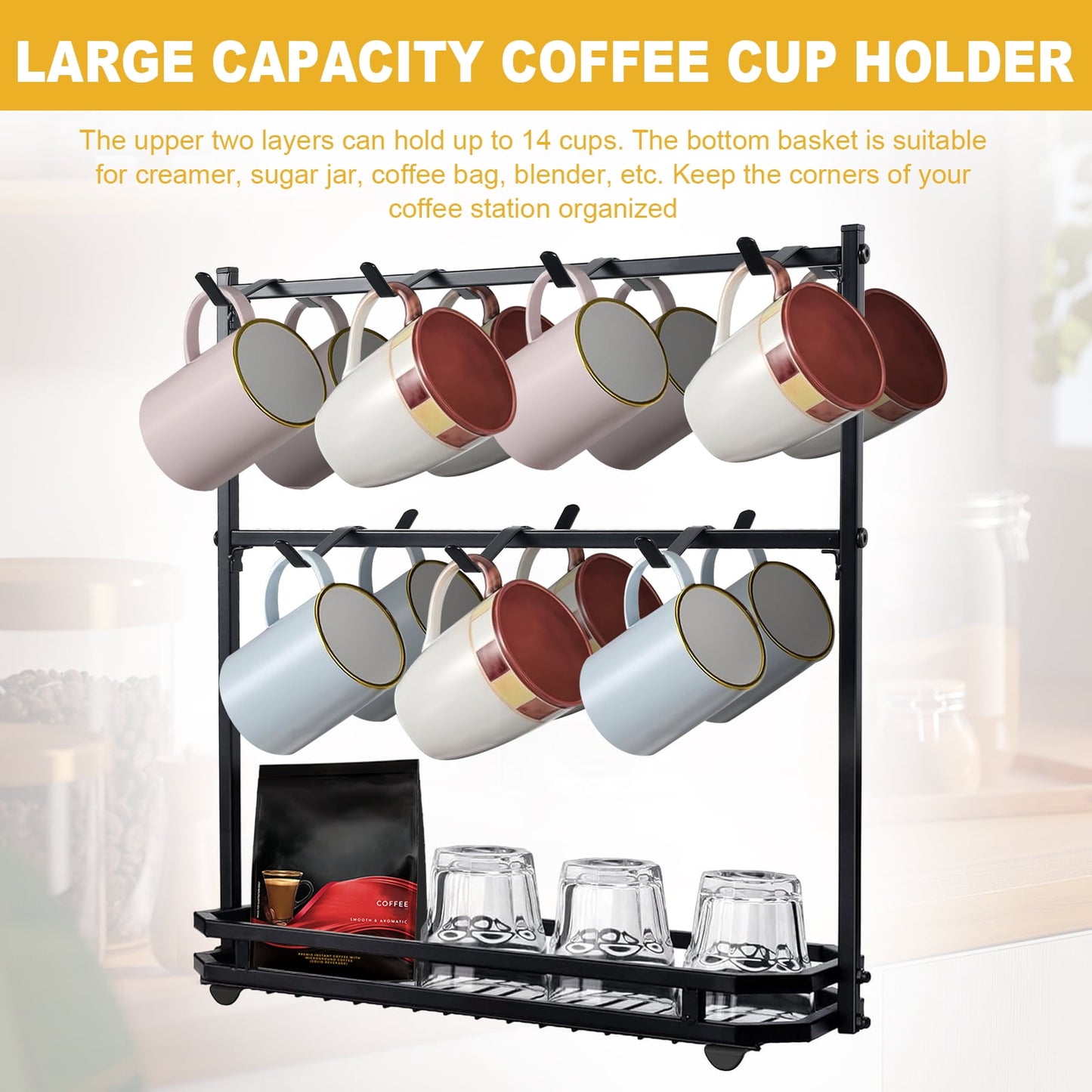 Coffee Mug Holder for Countertop Rustproof Coffee Cup Holder 14 Capacity Mug Holder Rack 2 Tiers Mug Holder Stand Easy to Assemble Mug Holder Organizer Stable Mug Racks